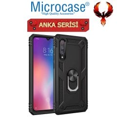 Microcase Xiaomi Mi 9 Anka Serisi Yüzük Standlı Armor Kılıf Siyah + Tempered Glass Cam Koruma (SEÇENEKLİ)