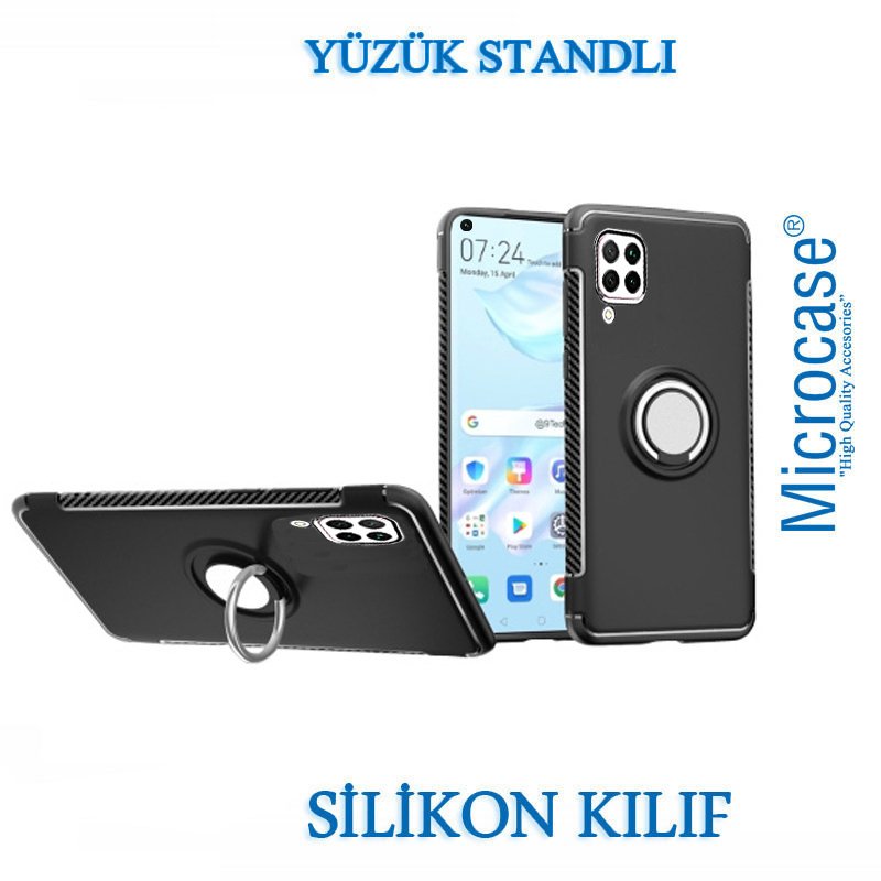 Microcase Huawei P40 Lite Yüzük Standlı Armor Silikon Kılıf - Siyah