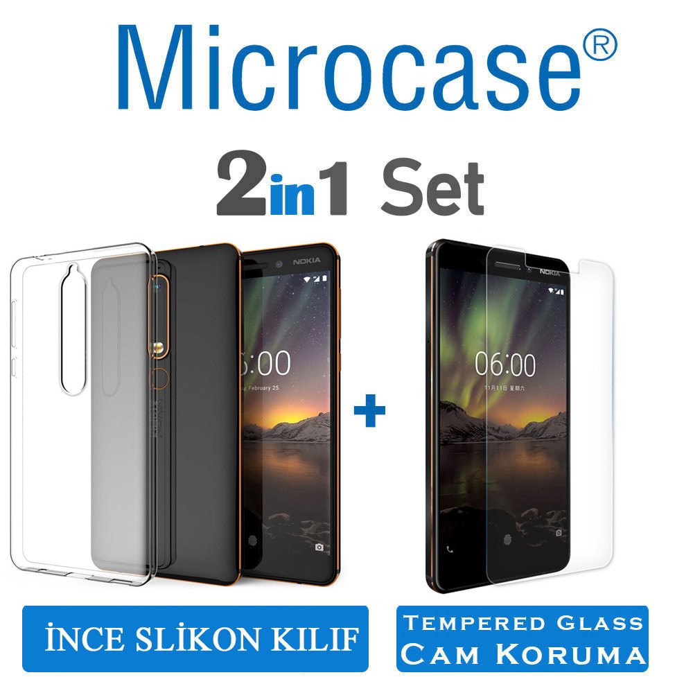 Microcase Nokia 6 2018 İnce 0.2 mm Silikon Kılıf + Ekran Koruma