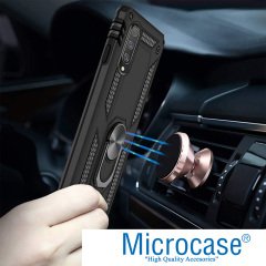 Microcase Xiaomi Mi 9 SE Anka Serisi Yüzük Standlı Armor Kılıf Siyah + Tempered Glass Cam Koruma (SEÇENEKLİ)