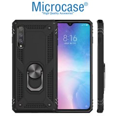 Microcase Xiaomi Mi 9 SE Anka Serisi Yüzük Standlı Armor Kılıf Siyah + Tempered Glass Cam Koruma (SEÇENEKLİ)