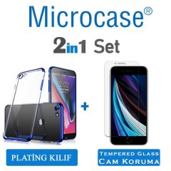 Microcase iPhone SE 2020 Plating Series Soft Silikon Kılıf - Mavi + Tempered Glass Cam Koruma