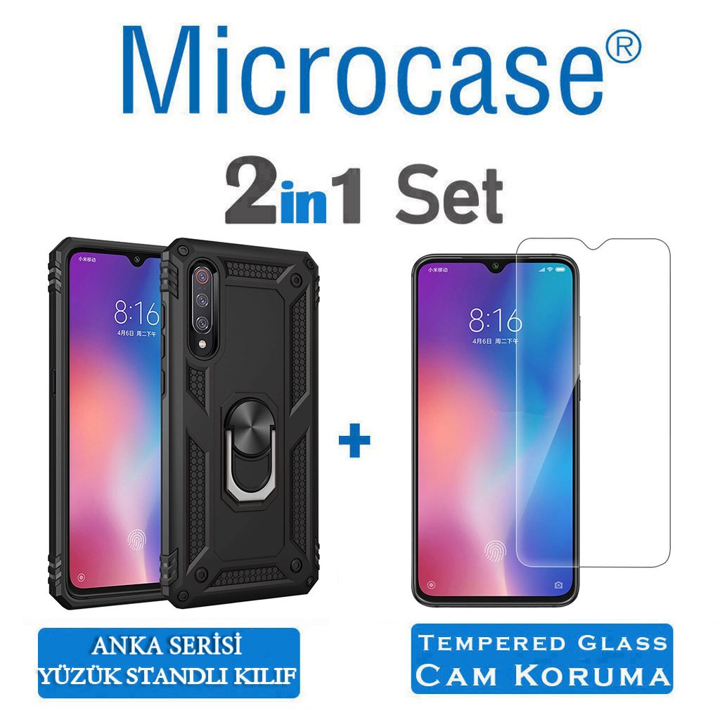 Microcase Xiaomi Mi 9 Explorer Anka Serisi Yüzük Standlı Armor Kılıf Siyah + Tempered Glass Cam Koruma (SEÇENEKLİ)