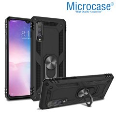 Microcase Xiaomi Mi 9 Explorer Anka Serisi Yüzük Standlı Armor Kılıf Siyah + Tempered Glass Cam Koruma (SEÇENEKLİ)