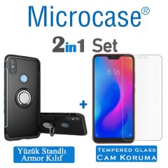 Microcase Redmi 6 Pro Yüzük Standlı Armor Silikon Kılıf +  Ekran Koruyucu