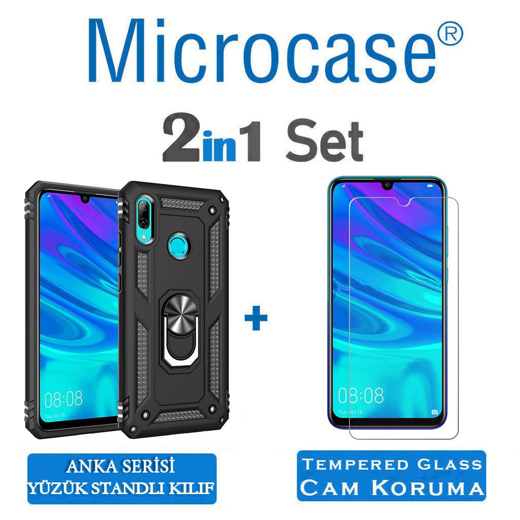 Microcase Huawei P Smart 2019 Anka Serisi Yüzük Standlı Armor Kılıf Siyah + Tempered Glass Cam Koruma (SEÇENEKLİ)