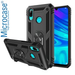 Microcase Huawei P Smart 2019 Anka Serisi Yüzük Standlı Armor Kılıf Siyah + Tempered Glass Cam Koruma (SEÇENEKLİ)