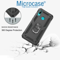 Microcase Huawei P Smart 2019 Anka Serisi Yüzük Standlı Armor Kılıf Siyah + Tempered Glass Cam Koruma (SEÇENEKLİ)