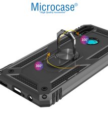 Microcase Huawei P Smart 2019 Anka Serisi Yüzük Standlı Armor Kılıf Siyah + Tempered Glass Cam Koruma (SEÇENEKLİ)