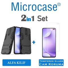 Microcase Xiaomi Redmi K30 Alfa Serisi Armor Standlı Perfect Koruma Kılıf - Siyah + Tempered Glass Cam Koruma
