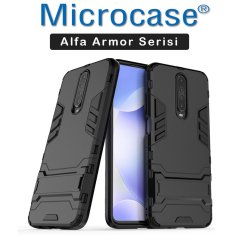 Microcase Xiaomi Redmi K30 Alfa Serisi Armor Standlı Perfect Koruma Kılıf - Siyah + Tempered Glass Cam Koruma