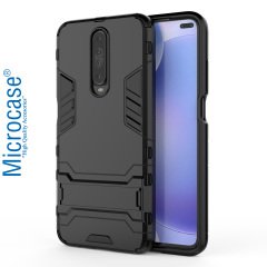 Microcase Xiaomi Redmi K30 Alfa Serisi Armor Standlı Perfect Koruma Kılıf - Siyah + Tempered Glass Cam Koruma
