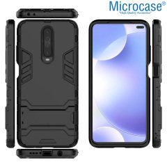Microcase Xiaomi Redmi K30 Alfa Serisi Armor Standlı Perfect Koruma Kılıf - Siyah + Tempered Glass Cam Koruma