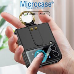 Microcase Samsung Galaxy Z Flip 3 Yüzük Standlı Plastik Kılıf - Siyah AL3167