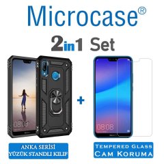 Microcase Huawei Nova 3e Anka Serisi Yüzük Standlı Armor Kılıf Siyah + Tempered Glass Cam Koruma (SEÇENEKLİ)
