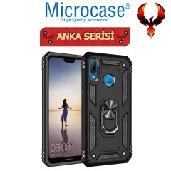 Microcase Huawei Nova 3e Anka Serisi Yüzük Standlı Armor Kılıf Siyah + Tempered Glass Cam Koruma (SEÇENEKLİ)