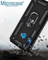 Microcase Huawei Nova 3e Anka Serisi Yüzük Standlı Armor Kılıf Siyah + Tempered Glass Cam Koruma (SEÇENEKLİ)