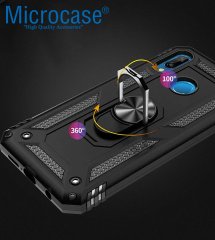 Microcase Huawei Nova 3e Anka Serisi Yüzük Standlı Armor Kılıf Siyah + Tempered Glass Cam Koruma (SEÇENEKLİ)