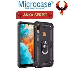 Microcase Huawei Y6 2019 - Honor 8A Anka Serisi Yüzük Standlı Armor Kılıf Siyah + Tempered Glass Cam Koruma (SEÇENEKLİ)