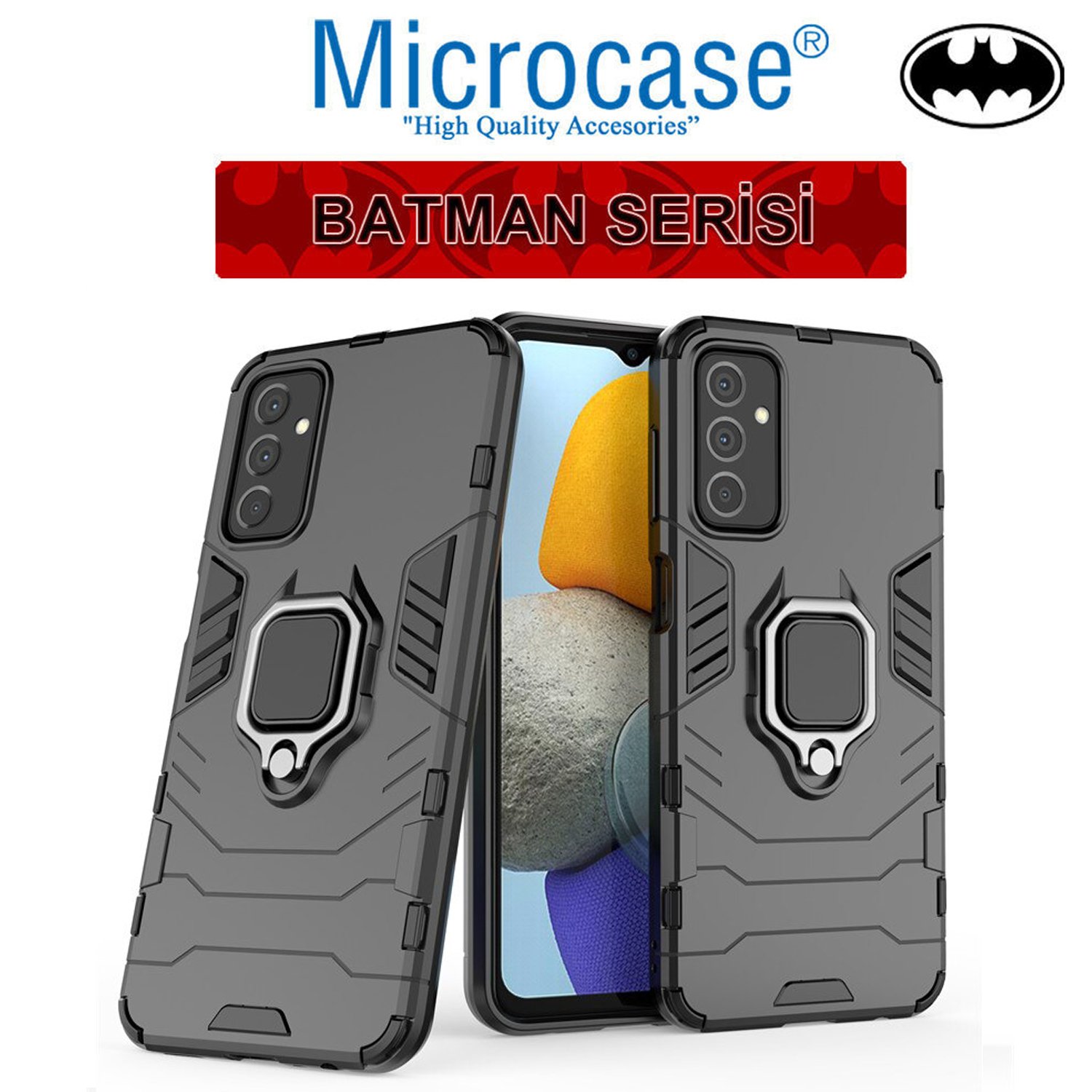 Microcase Samsung Galaxy F23 Batman Serisi Yüzük Standlı Armor Kılıf - Siyah