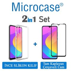 Microcase Xiaomi Mi CC9e - Mi A3 Ultra İnce 0.2 mm Soft Silikon Kılıf + Tam Kaplayan Çerçeveli Cam