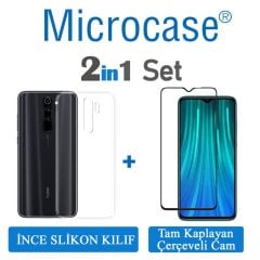 Microcase Xiaomi Redmi Note 8 Pro Ultra İnce 0.2 mm Soft Silikon Kılıf + Tam Kaplayan Çerçeveli Cam