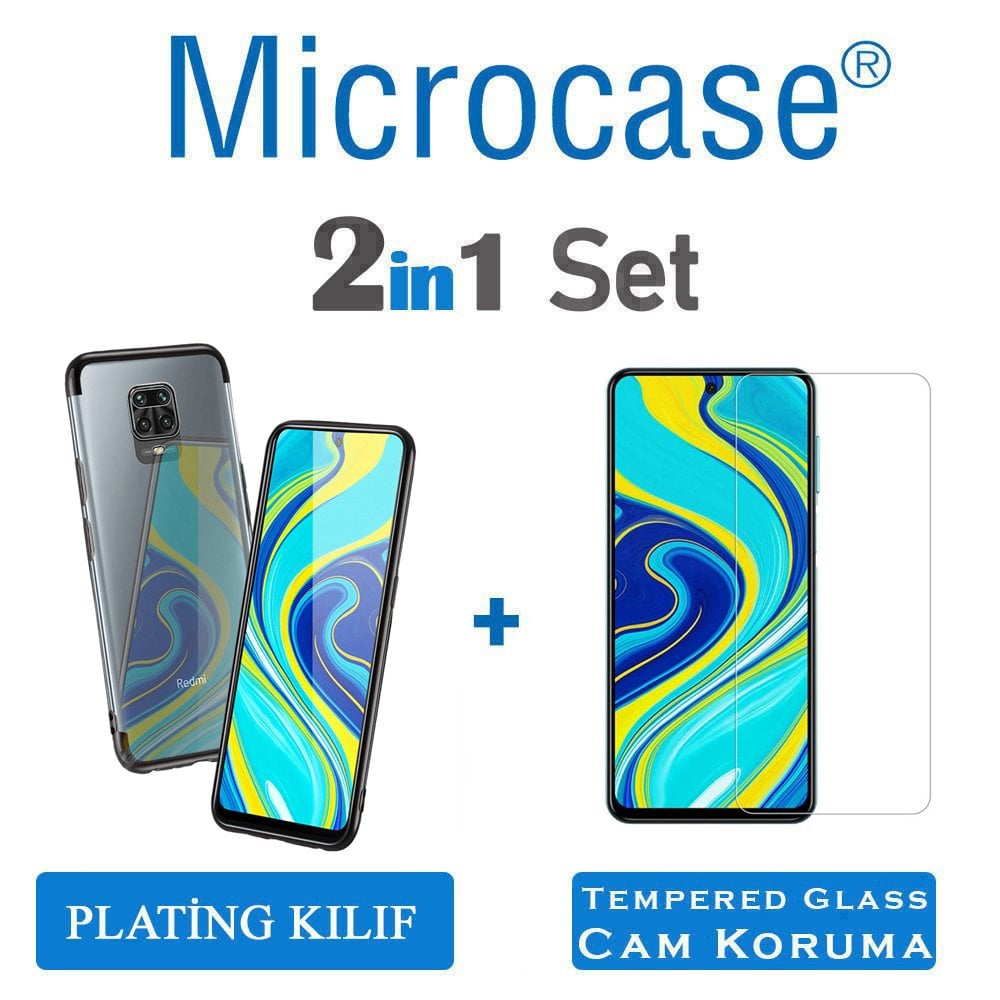 Microcase Xiaomi Redmi Note 9S - Redmi Note 9 Pro - Redmi Note 9 Pro Max Plating Series Soft Silikon Kılıf - Siyah + Tempered Glass Cam Koruma