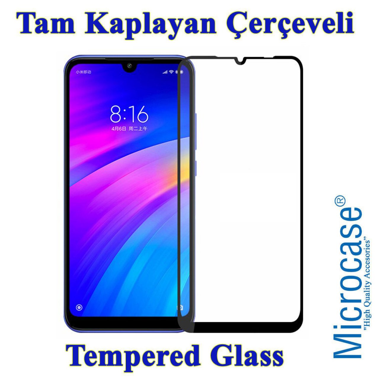 Xiaomi Redmi 7 Tam Kaplayan Çerçeveli Tempered Cam - Siyah