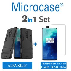 Microcase OnePlus 7T Pro Alfa Serisi Armor Standlı Perfect Koruma Kılıf - Siyah + Tempered Glass Cam Koruma