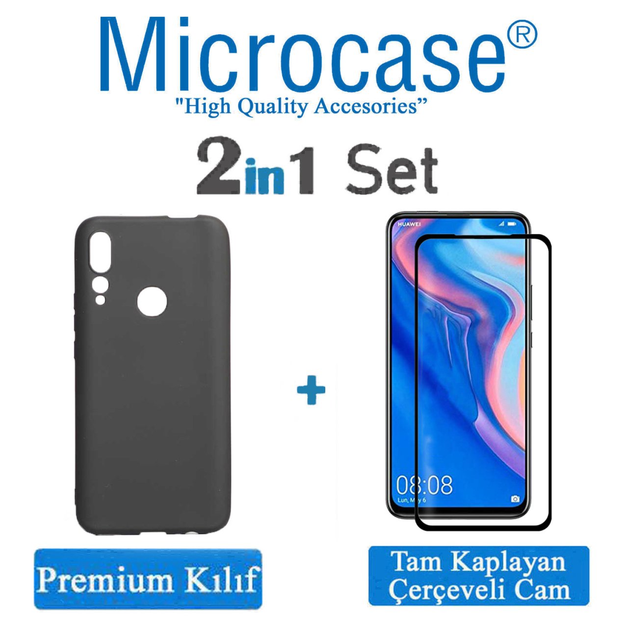 Microcase Huawei Y9 Prime 2019 Premium Matte Silikon Kılıf - Siyah + Tam Kaplayan Çerçeveli Cam