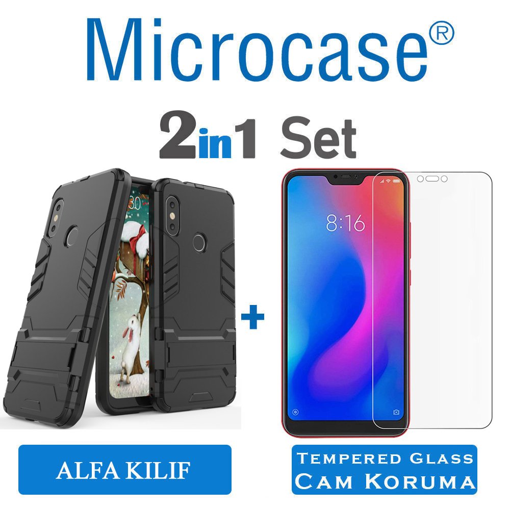 Microcase Xiaomi Mi A2 Lite Alfa Armor Standlı Kılıf + Cam Koruma