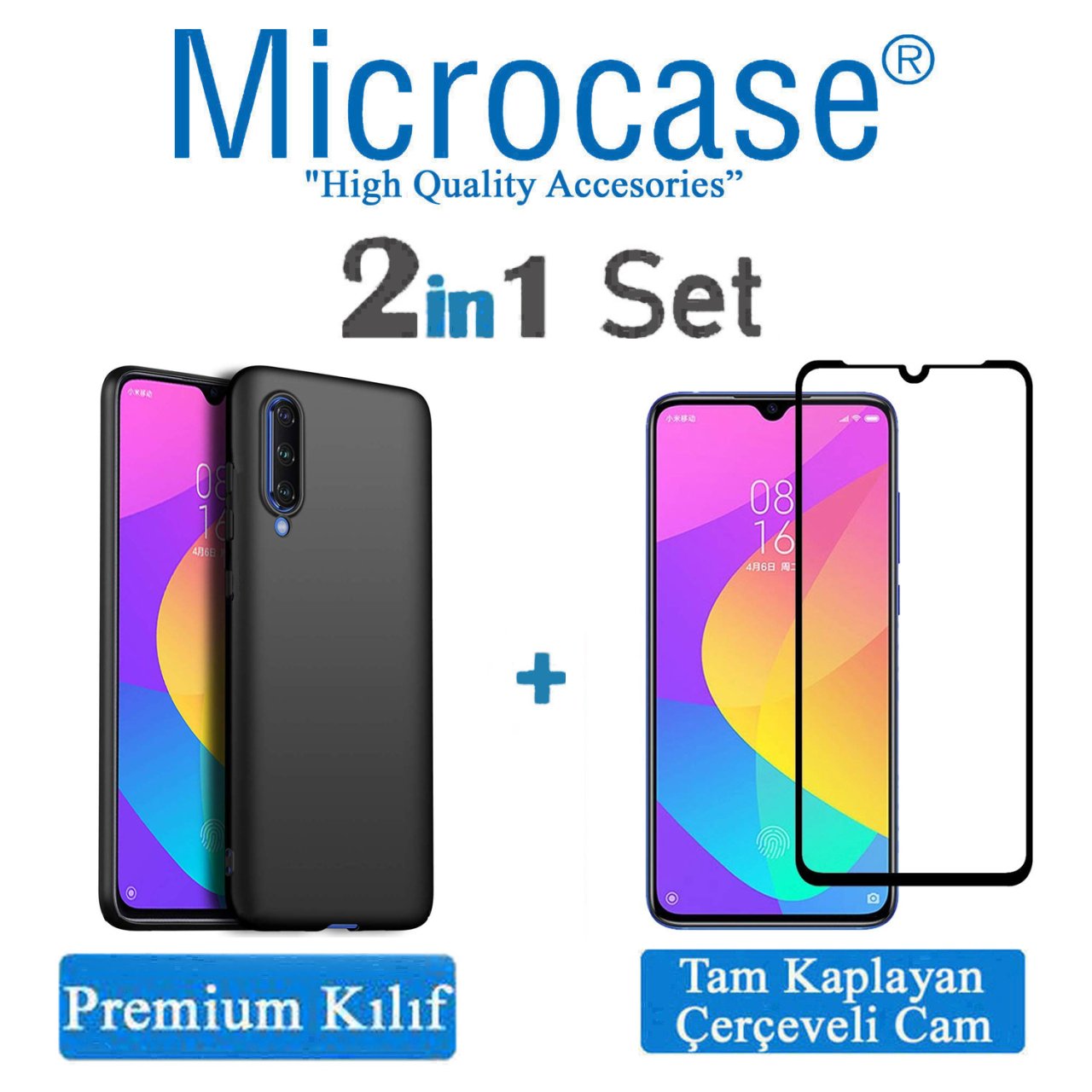 Microcase Xiaomi Mi 9 Lite Premium Matte Silikon Kılıf - Siyah + Tam Kaplayan Çerçeveli Cam