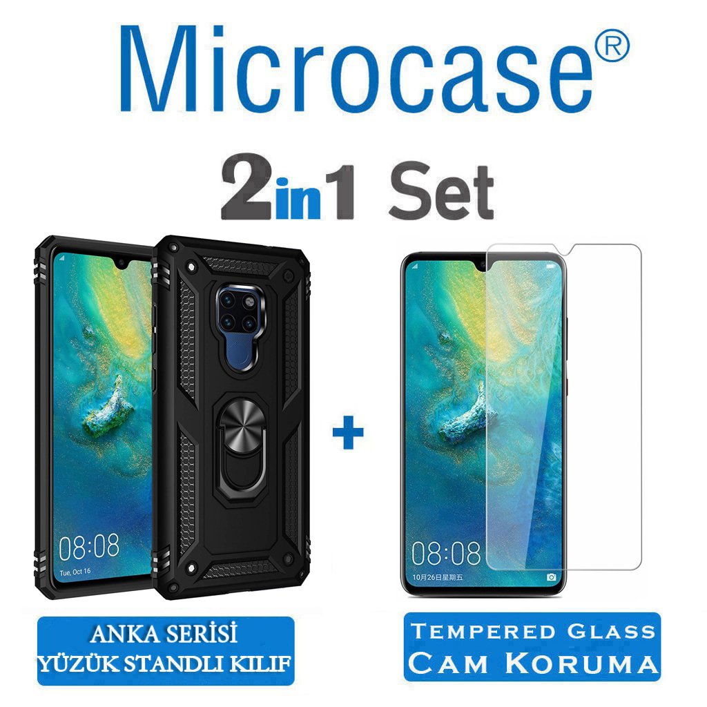 Microcase Huawei Mate 20 Anka Serisi Yüzük Standlı Armor Kılıf Siyah + Tempered Glass Cam Koruma (SEÇENEKLİ)
