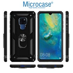 Microcase Huawei Mate 20 Anka Serisi Yüzük Standlı Armor Kılıf Siyah + Tempered Glass Cam Koruma (SEÇENEKLİ)