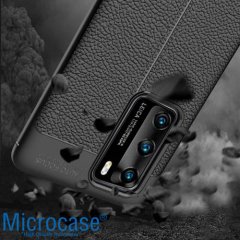 Microcase Huawei P40 Leather Tpu Silikon Kılıf - Siyah + Tempered Glass Cam Koruma