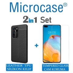 Microcase Huawei P40 Leather Tpu Silikon Kılıf - Siyah + Tempered Glass Cam Koruma