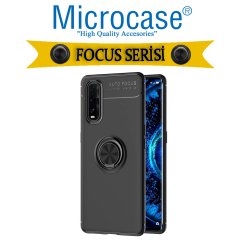 Microcase Oppo Find X2 Focus Serisi Yüzük Standlı Silikon Kılıf - Siyah + Tempered Glass Cam Koruma