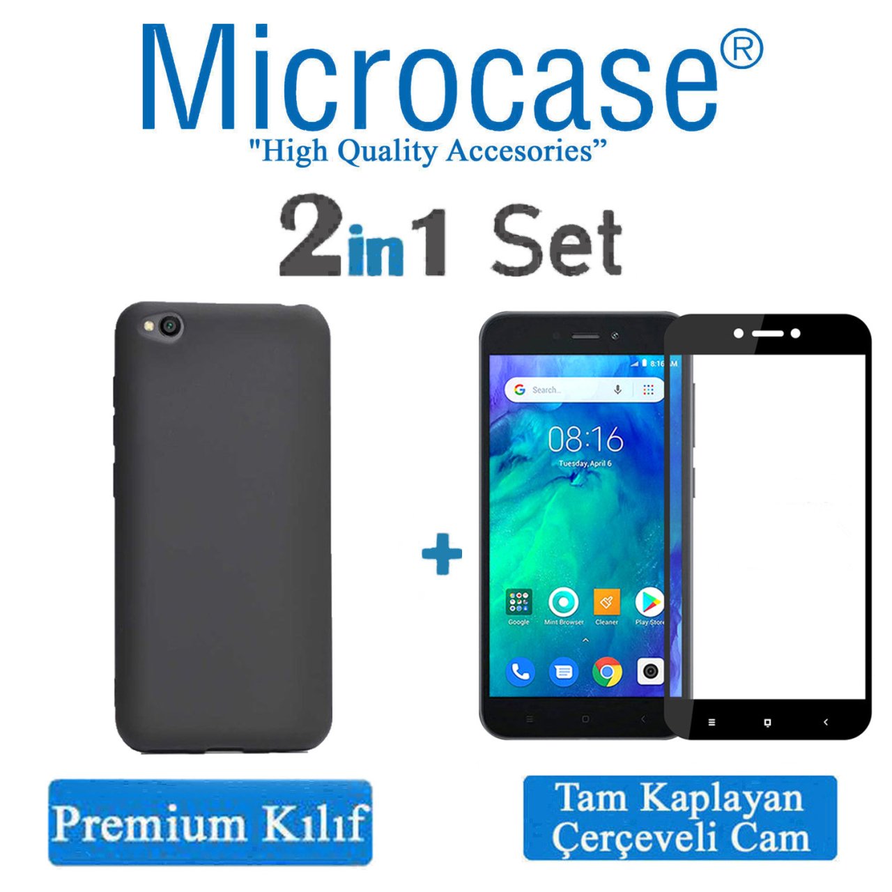 Microcase Xiaomi Redmi Go Premium Matte Silikon Kılıf - Siyah + Tam Kaplayan Çerçeveli Cam