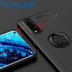 Microcase Oppo Find X2 Focus Serisi Yüzük Standlı Silikon Kılıf - Siyah + Tempered Glass Cam Koruma