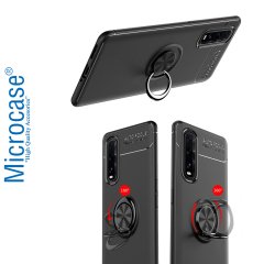 Microcase Oppo Find X2 Focus Serisi Yüzük Standlı Silikon Kılıf - Siyah + Tempered Glass Cam Koruma