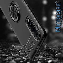 Microcase Oppo Find X2 Focus Serisi Yüzük Standlı Silikon Kılıf - Siyah + Tempered Glass Cam Koruma