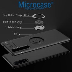 Microcase Oppo Find X2 Focus Serisi Yüzük Standlı Silikon Kılıf - Siyah + Tempered Glass Cam Koruma