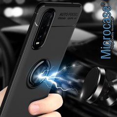 Microcase Oppo Find X2 Focus Serisi Yüzük Standlı Silikon Kılıf - Siyah + Tempered Glass Cam Koruma