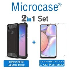 Microcase Samsung Galaxy A10s King Serisi Armor Perfect Koruma Kılıf - Siyah + Tempered Glass Cam Koruma