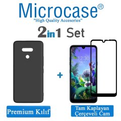 Microcase LG Q60 - K50 Premium Matte Silikon Kılıf - Siyah + Tam Kaplayan Çerçeveli Cam