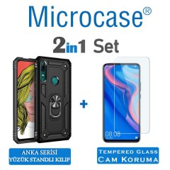 Microcase Huawei P Smart Z Anka Serisi Yüzük Standlı Armor Kılıf Siyah + Tempered Glass Cam Koruma (SEÇENEKLİ)