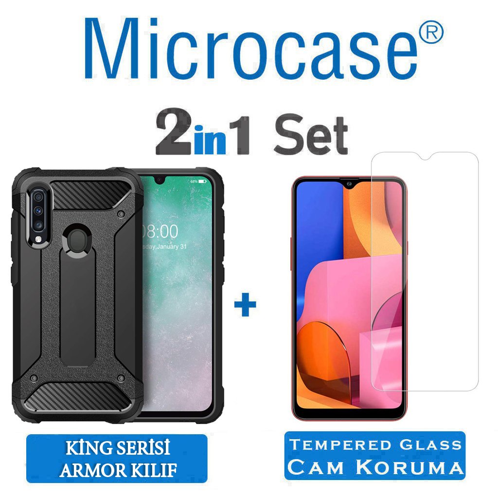 Microcase Samsung Galaxy A20s King Serisi Armor Perfect Koruma Kılıf - Siyah + Tempered Glass Cam Koruma