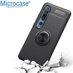 Microcase Xiaomi Mi 10 Focus Serisi Yüzük Standlı Silikon Kılıf - Siyah