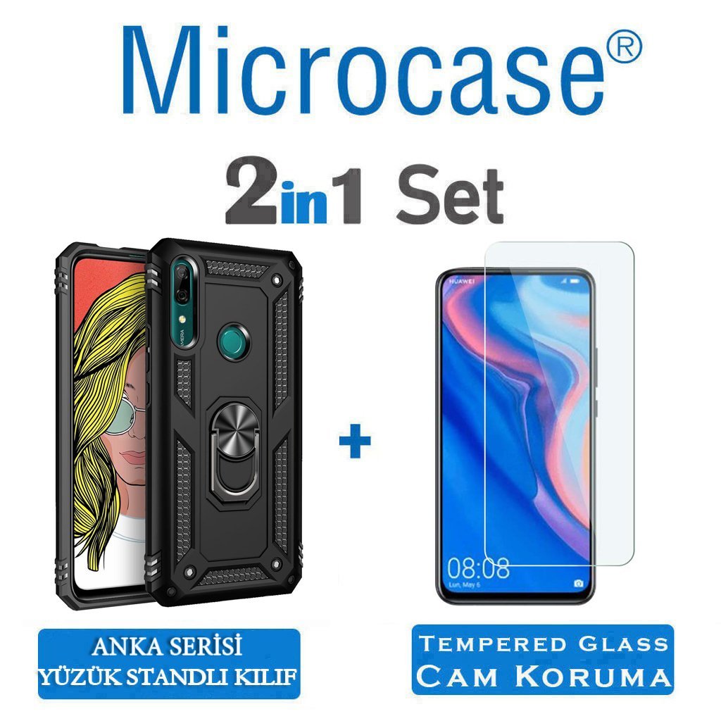 Microcase Huawei Y9 Prime 2019 Anka Serisi Yüzük Standlı Armor Kılıf Siyah + Tempered Glass Cam Koruma (SEÇENEKLİ)