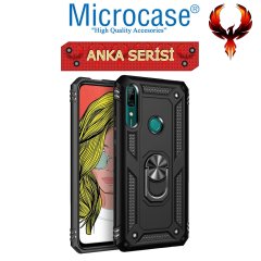 Microcase Huawei Y9 Prime 2019 Anka Serisi Yüzük Standlı Armor Kılıf Siyah + Tempered Glass Cam Koruma (SEÇENEKLİ)